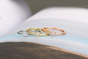Dettaglio di anelli con zircone a cuore in argento, oro e oro rosa su un libro