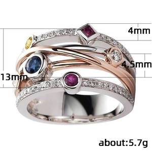 Hiphop geometrische ring met gekleurde zirkoonstenen in goud- en zilverafwerking
