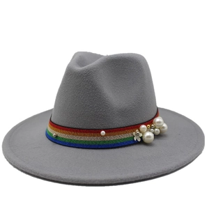 Detail of grey wool fedora featuring rainbow band with pearls and floral ornaments