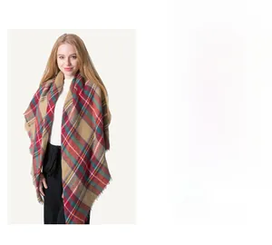 Close-up of thick plaid shawl with fringe detail and multi-color check pattern