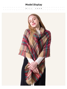 Detail of colorful plaid cashmere shawl scarf featuring fringed edges for autumn winter