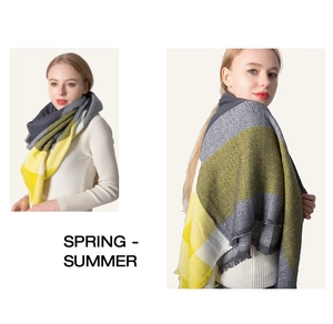 Detail of yellow and grey plaid cashmere-like shawl scarf with fringe tassels