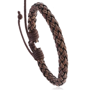 Adjustable brown braided PU leather punk bracelet for men and women with slip knot