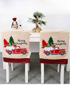Linen Christmas chair covers featuring gnomes and red trucks for festive home decor