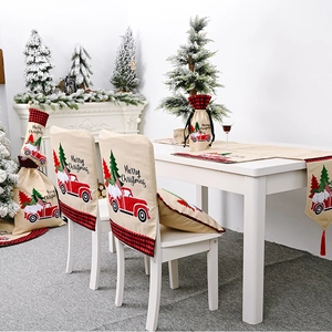 Christmas chair cover and table runner set with red vintage truck and tree patterns