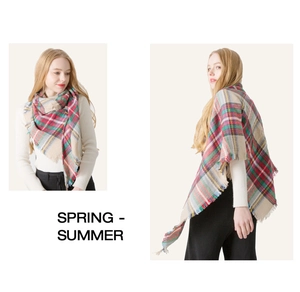 Detail view showing a multi-color plaid cashmere scarf with soft fringes and tassels