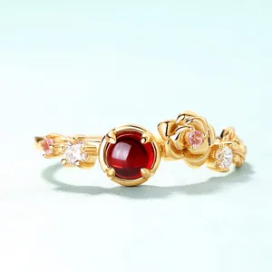 Vintage 925 Sterling Silver Garnet Rose Flower Adjustable Open Ring Gold Plated Rhinestone Jewelry For Women Gift