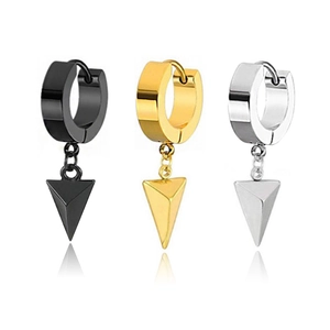 Three pairs of vintage punk titanium steel hoop earrings with triangle pendants in silver and gold