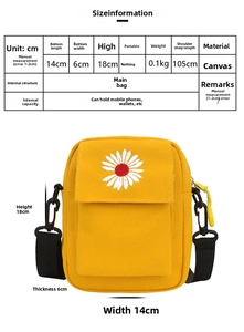 Size guide for daisy canvas crossbody bag with dimensions 14x6x18cm and 105cm strap