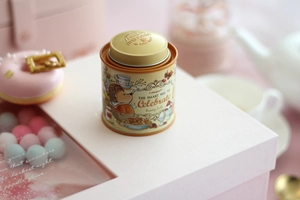 Detailed macro view of hedgehog illustration on cylindrical tin with golden metal lid