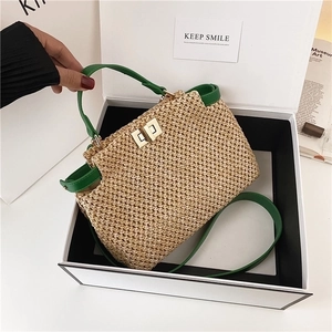Women Straw Woven Handbag With PU Leather Trim Metal Twist Lock Summer Beach Retro Shoulder Crossbody Bag
