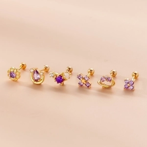 Set de 6 pendientes de acero inoxidable dorado con circonitas púrpuras y formas de flor