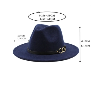 Detailed size chart for wool fedora hat showing brim width and head circumference