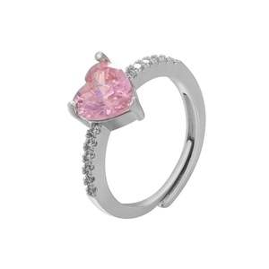 Pink heart crystal ring with silver adjustable band and pavé cubic zirconia accents