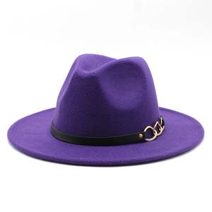 Detail of purple wool fedora hat featuring black faux leather band and gold metal chain