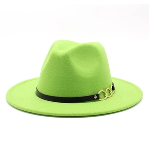 Detail of green wool fedora hat featuring black leather band and gold chain buckle