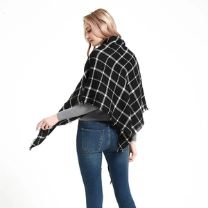 Classic black and white plaid cashmere-like scarf shawl with fringe for winter