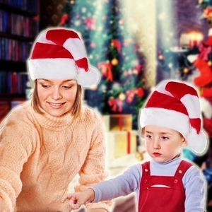 Classic red and white striped Christmas hats with white plush trim and fuzzy pom-poms