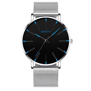 Detail of Geneva ultra-thin quartz watch with silver mesh band and black dial face