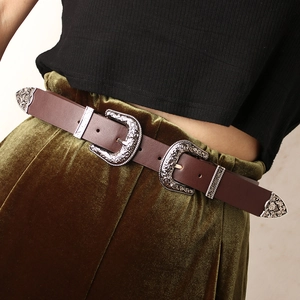 Women's vintage brown leather belt with ornate silver floral engraved double buckles