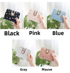 Short floral print wallets in five colors including black, pink, blue, grey and dusty rose