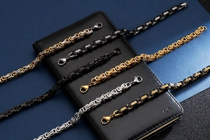 Detailed macro view of five Byzantine stainless steel chains in gold, silver, and black