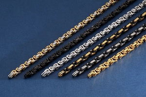 Detailed macro shot of Byzantine chain links in various metallic finishes and dual tones