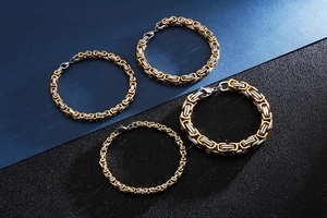 Macro detail of Byzantine chain bracelets in mixed gold and silver stainless steel