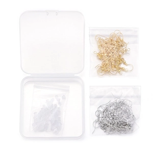 DIY jewelry making kit with silver and gold earring hooks and silicone backs in a storage box