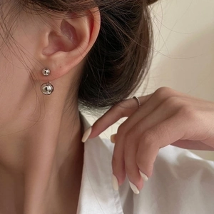 S925 silver needle double bead stud earrings with minimalist polished metallic finish