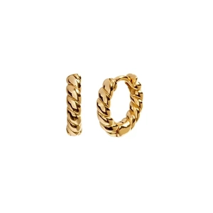 Classic golden twisted hoop earrings with elegant metal texture on white background