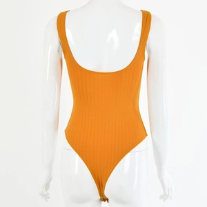 Detail showing the U-shaped back and ribbed texture of this yellow bodysuit on a mannequin