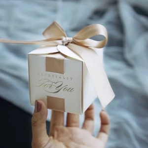 White wedding candy box with gold ribbon and Specially For You hot stamping detail