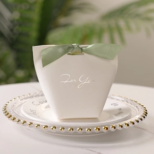 Off-white wedding candy box with green ribbon and gold For You especially text