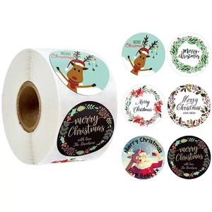 Merry Christmas Stickers Round Paper Decorative Labels For Holiday Gift Wrapping Santa Reindeer Snowman Pattern Party Favor