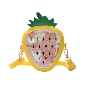 Sparkly yellow strawberry-shaped crossbody bag with star sequins and adjustable strap