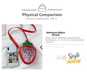 Detailed size comparison of a red strawberry sequin bag next to a mobile phone