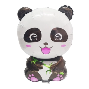 Detailed view of a cute cartoon panda foil balloon holding green bamboo on white background