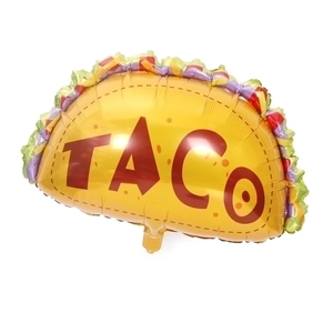 Giant taco-shaped foil balloon with bright yellow color and red TACO text for parties