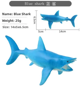 Blue shark toy model with dimensions and weight detail for educational play