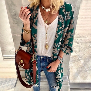 Women's summer bohemian green floral print cardigan styled with casual white t-shirt and jeans