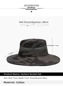 Dimensioni del cappello mimetico con tesa di 11 cm e design in rete traspirante