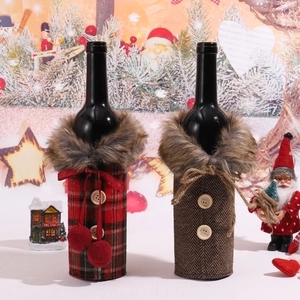Christmas Wine Bottle Covers Plaid Herringbone Fabric Faux Fur Collar Winter Coat Style Festive Dinner Party Table Decor