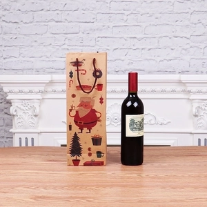 Christmas kraft paper wine bag with Santa Claus illustrations on a rustic table