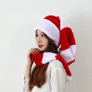 Extra long red and white striped plush Christmas hat and scarf combo for festive parties
