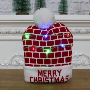 LED light-up Christmas knit hat with red brick pattern and Merry Christmas text