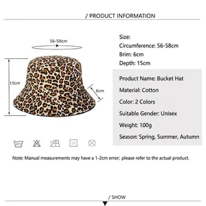 Reversible leopard print cotton bucket hat for women with 56-58cm size chart details