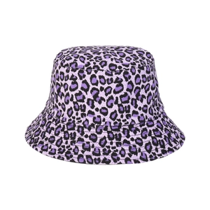 Purple leopard print bucket hat for women with reversible design and sun protection