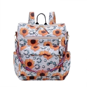 Zaino da Donna in Pelle PU di Moda Tracolla Etnica Floreale Girasole Stampa Mucca Patchwork Grande Capacità Borsa da Viaggio per Pannolini All'aperto