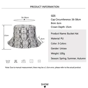 Gray snake pattern PU leather bucket hat with 56-58cm brim shown with size dimensions
